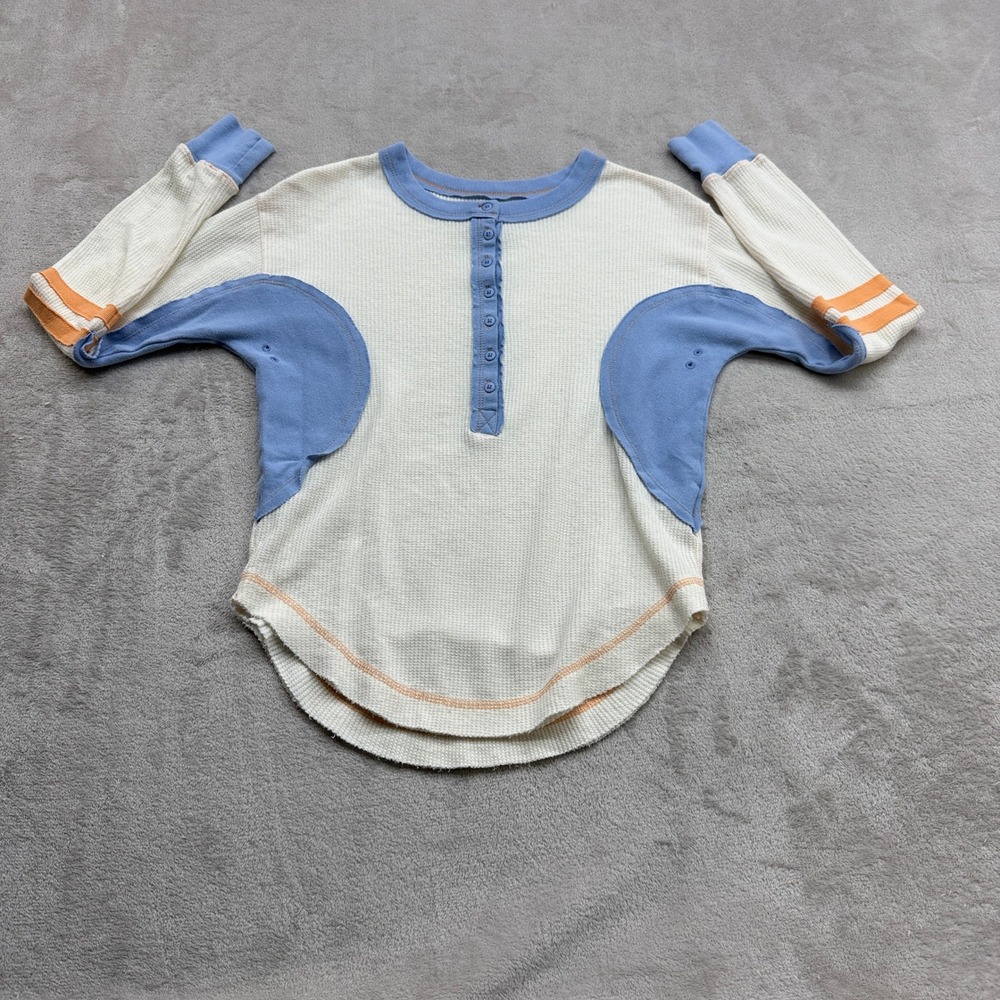BDG Henley Thermal Top Womens Small Cream Blue Orange Colorblock Waffle Knit Y2K